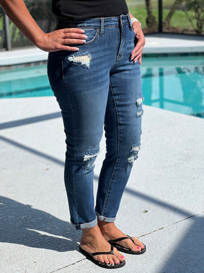 Keep Me Warm Boyfriend Thermal Patch Jeans by Judy Blue