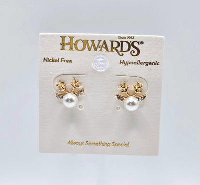 Holiday Jewelry Collection - Earrings / Reindeer Pearl Gold Stud