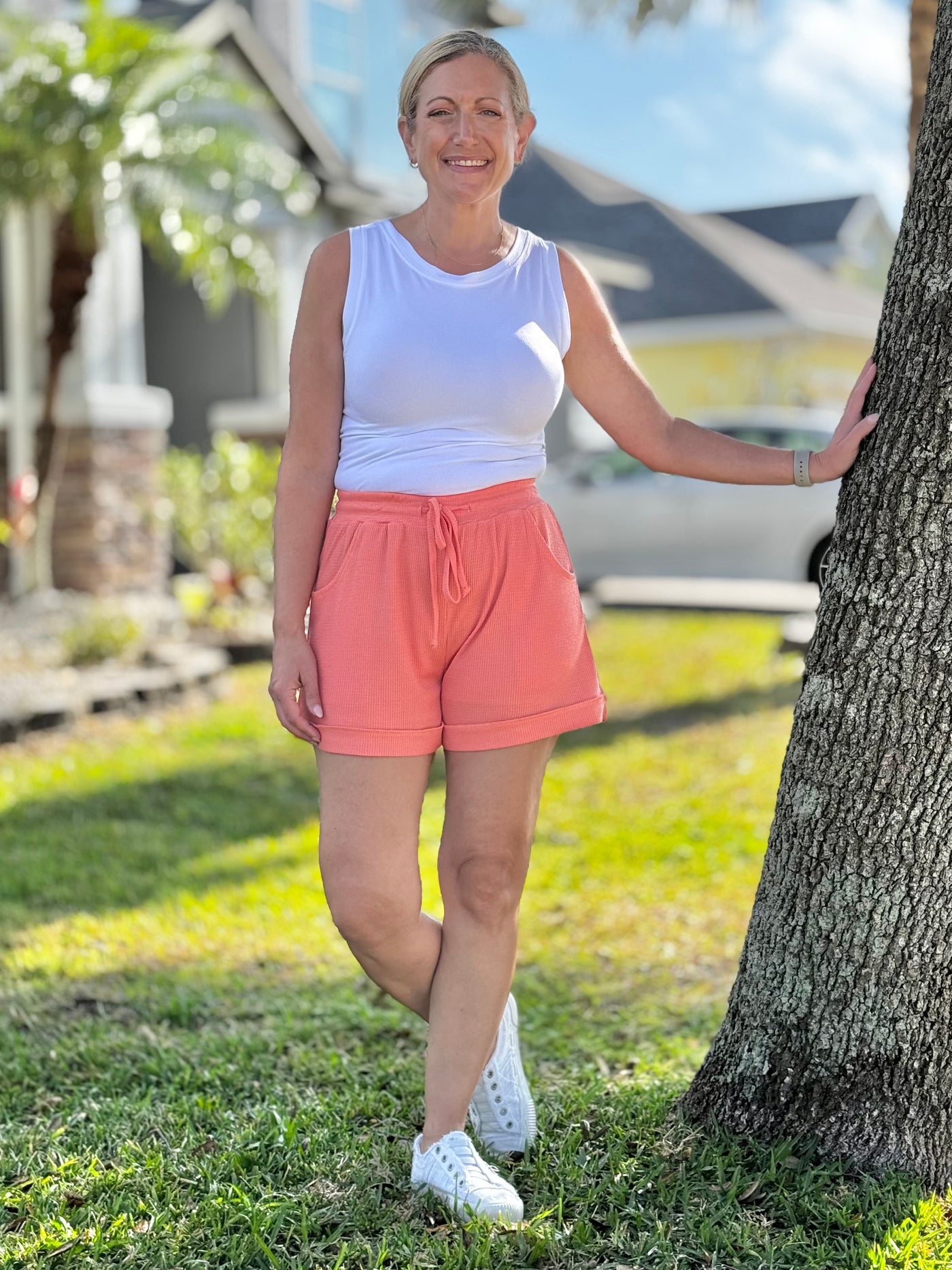 The Grace Waffle Knit Shorts - Coral