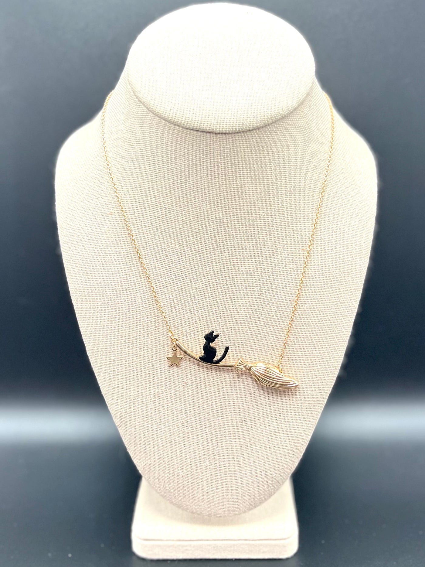 Spooktacular Necklace - Flying Broom & Cat