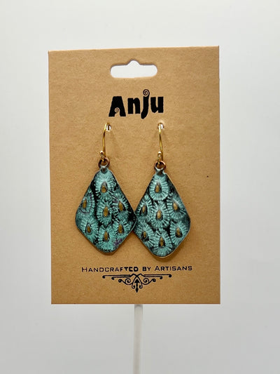 Brass Patina Collection by Anju - Earrings - Aqua On Brown Teardrops & Dots