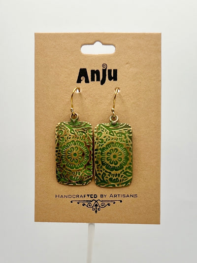 Brass Patina Collection by Anju - Earrings - Chartreuse Floral Scrollwork