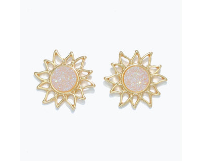 Earring Collection 3 By Periwinkle - Gold Sun With White AB Druzy