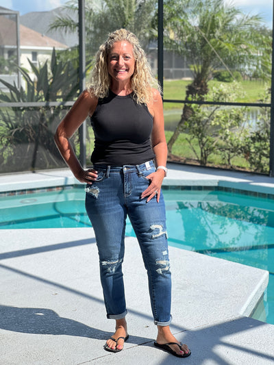 Keep Me Warm Boyfriend Thermal Patch Jeans by Judy Blue