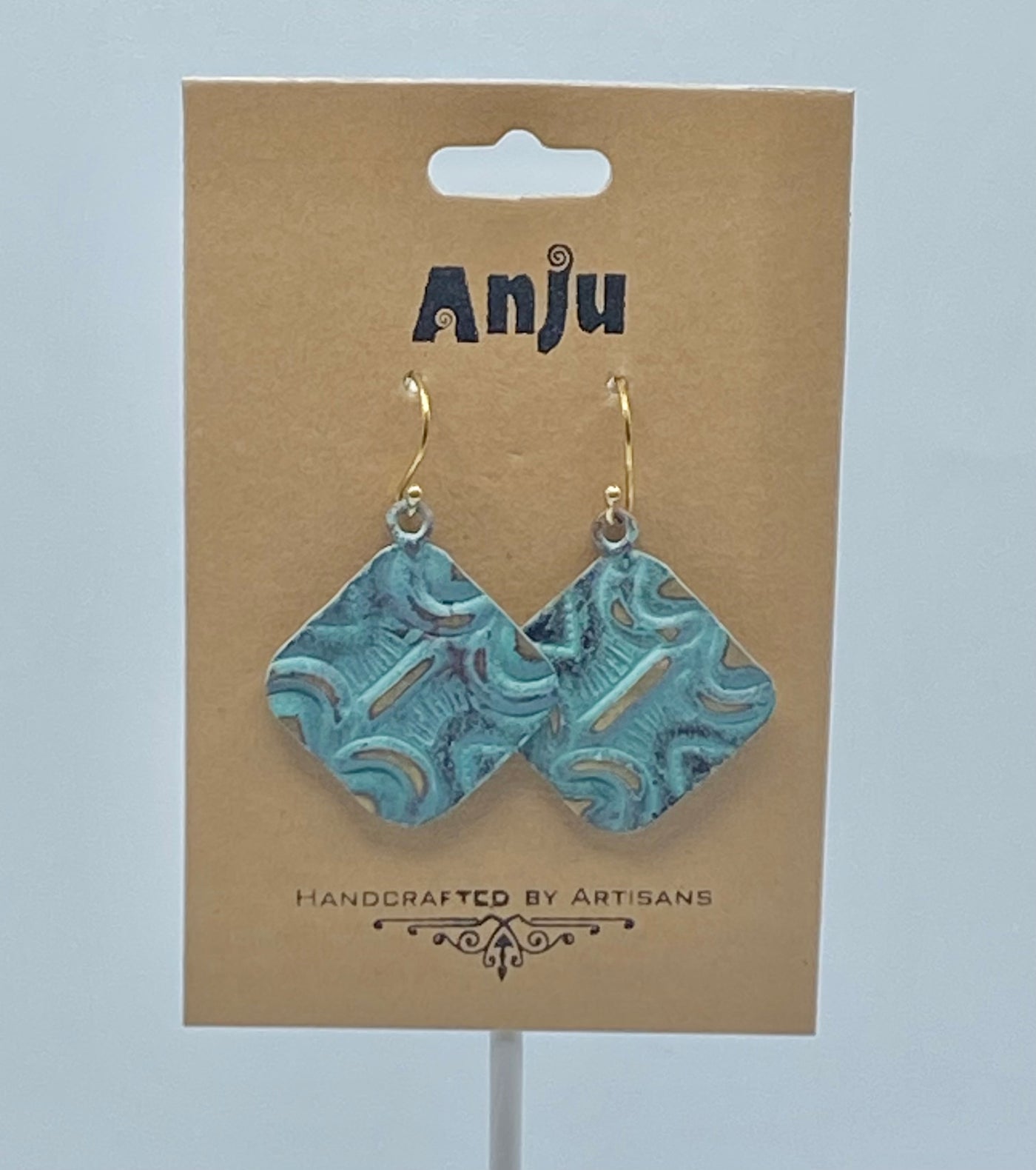 Brass Patina Collection by Anju - Earrings - Aqua Squares with Moons & Lines