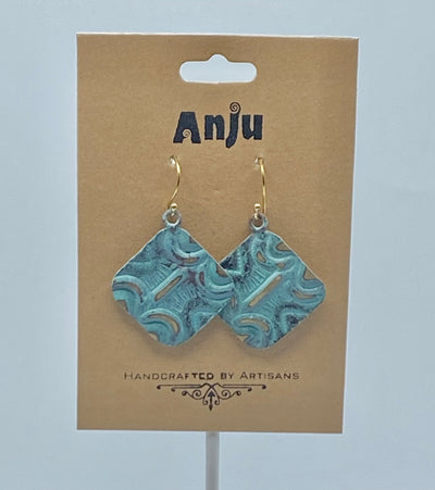 Brass Patina Collection by Anju - Earrings - Aqua Squares with Moons & Lines