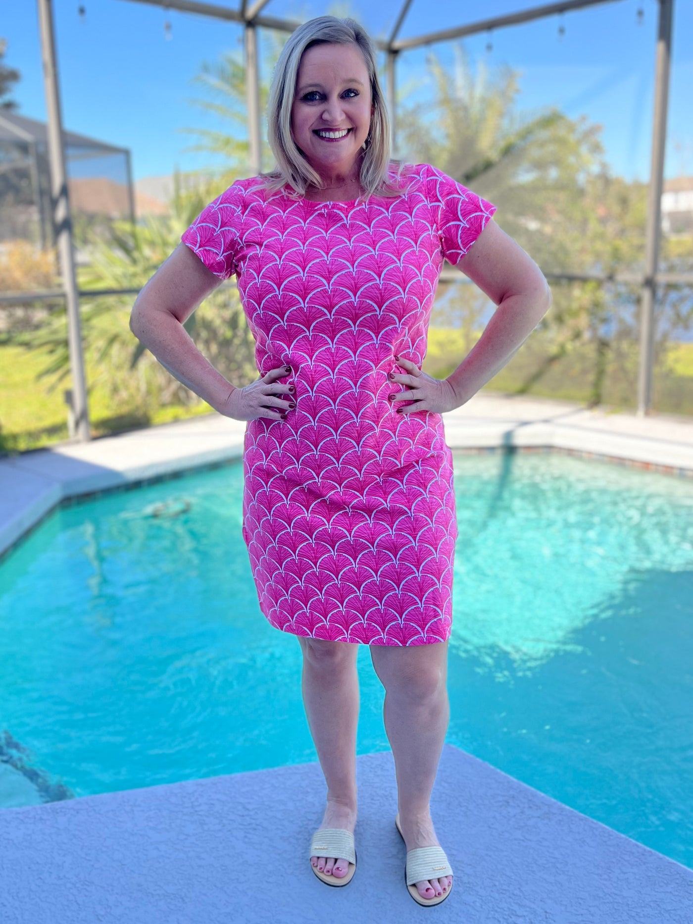 Crew Neck Tee Dress In Coral Fans By Capelton Road