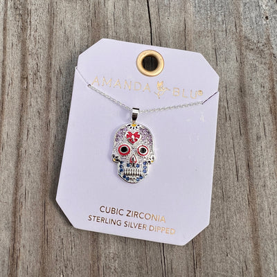 Spooktacular Necklace - Silver Skull / Pink & Blue