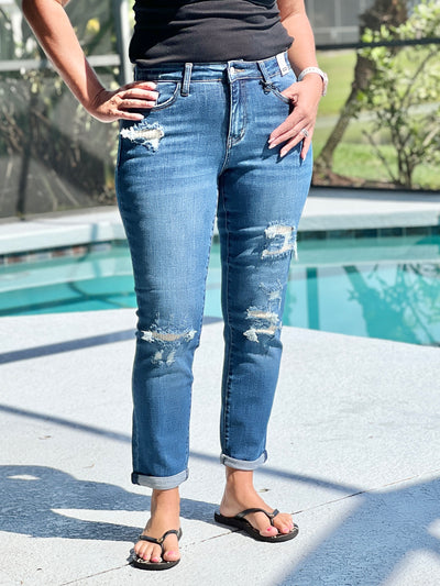 Keep Me Warm Boyfriend Thermal Patch Jeans by Judy Blue
