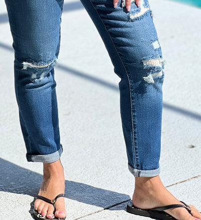 Keep Me Warm Boyfriend Thermal Patch Jeans by Judy Blue