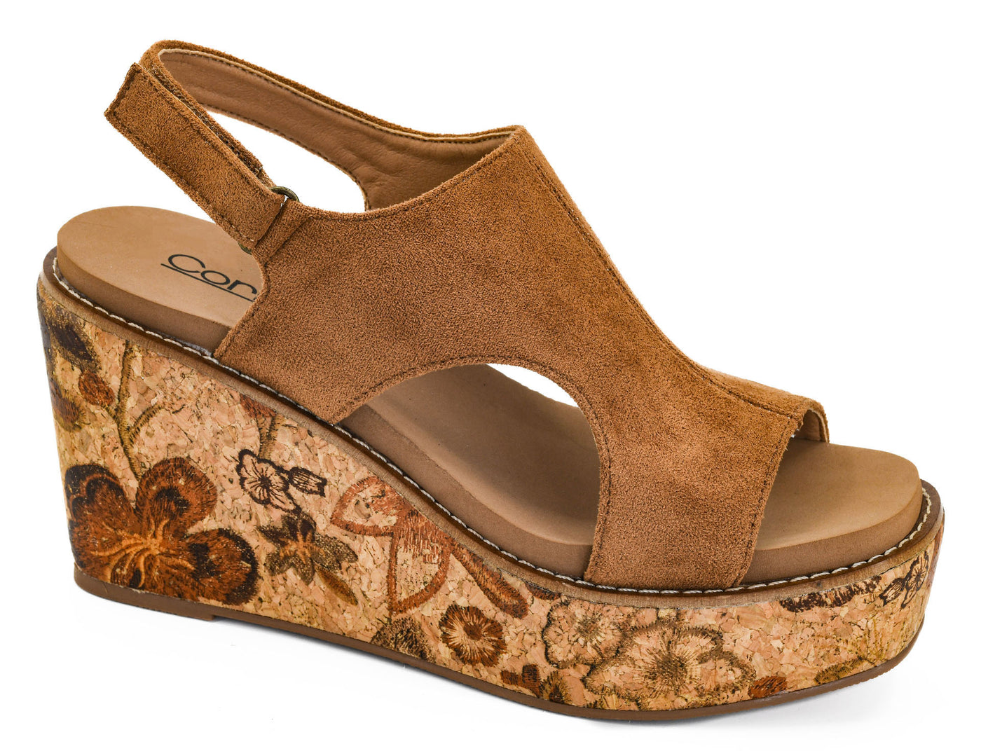 Brown wedge sandal with floral patterned sole on a white background