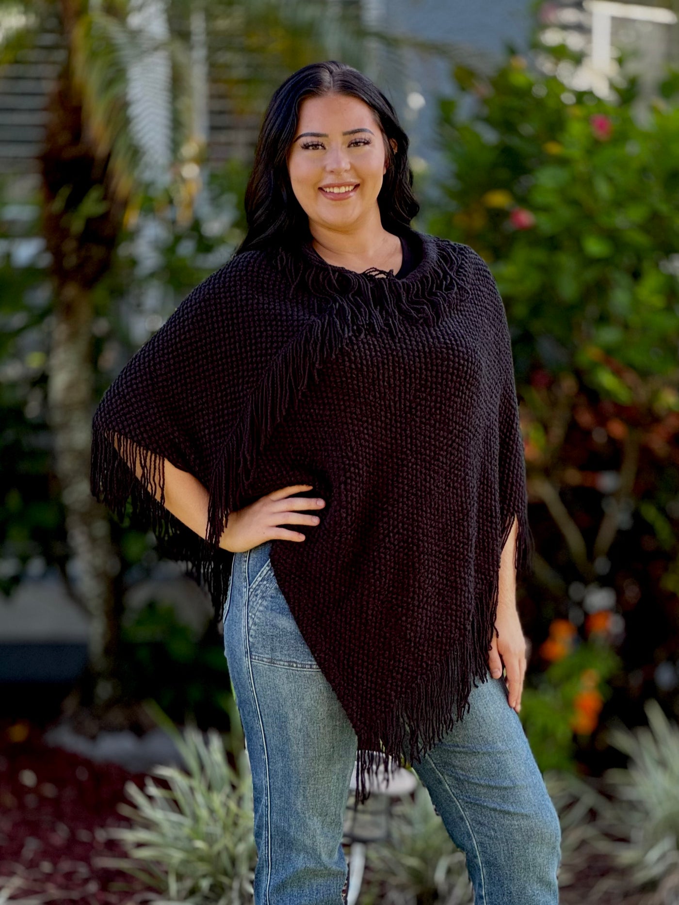 Annie Poncho With Fringe - Black