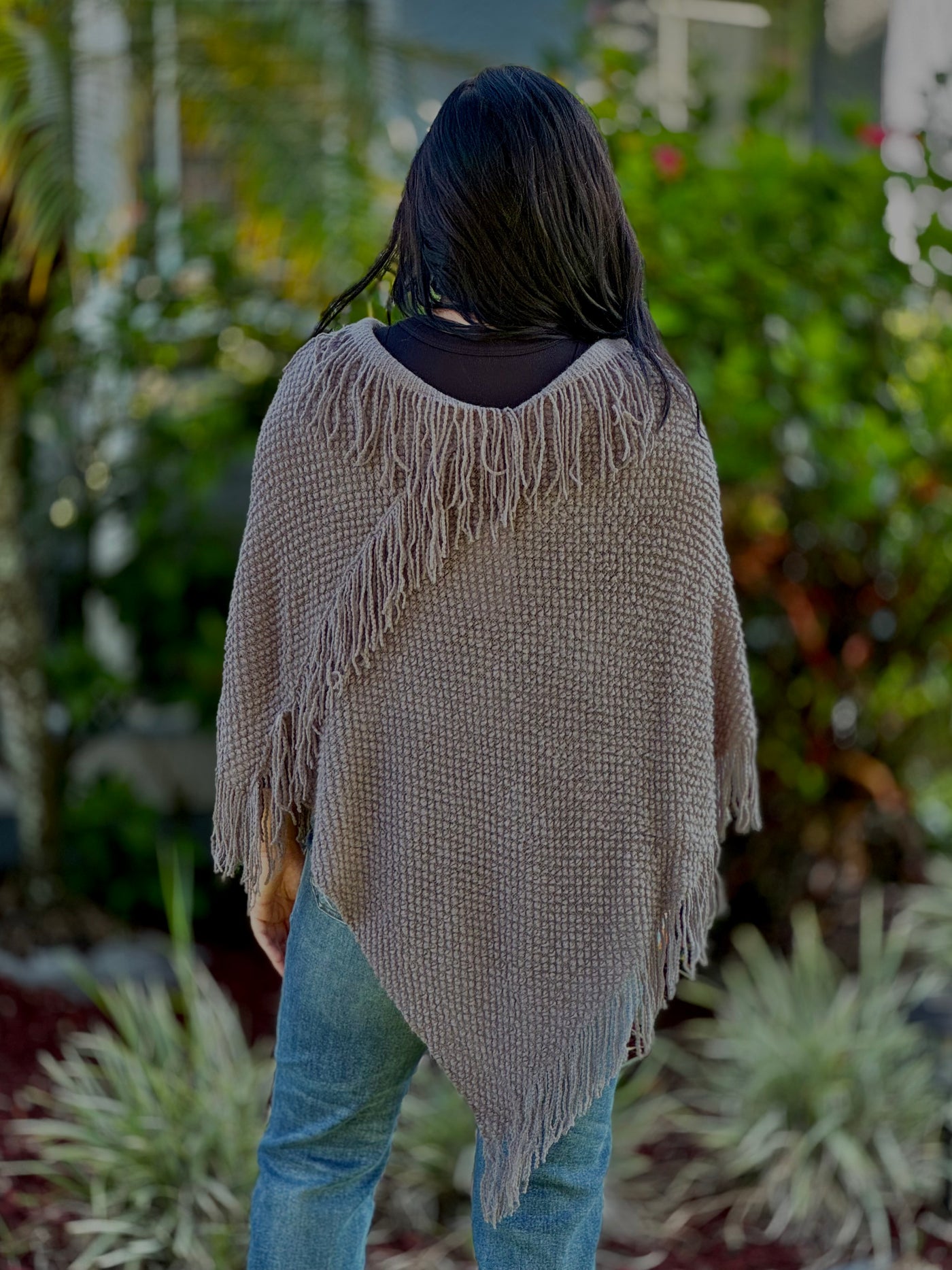 Annie Poncho With Fringe - Grey