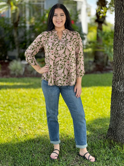 The Lizzy Top In Olive Paisley By Dear Scarlett
