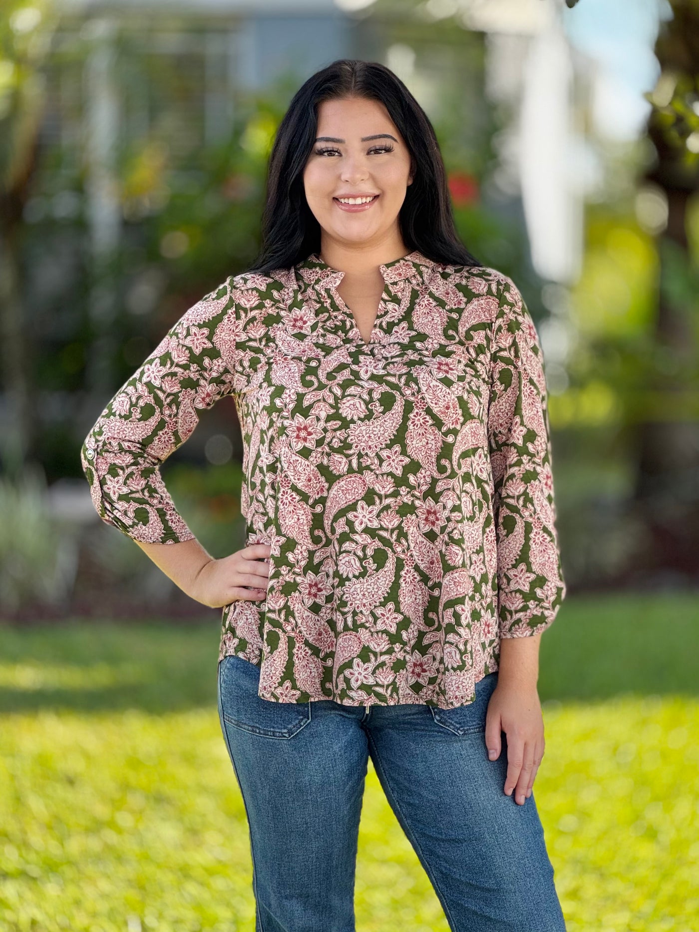 The Lizzy Top In Olive Paisley By Dear Scarlett