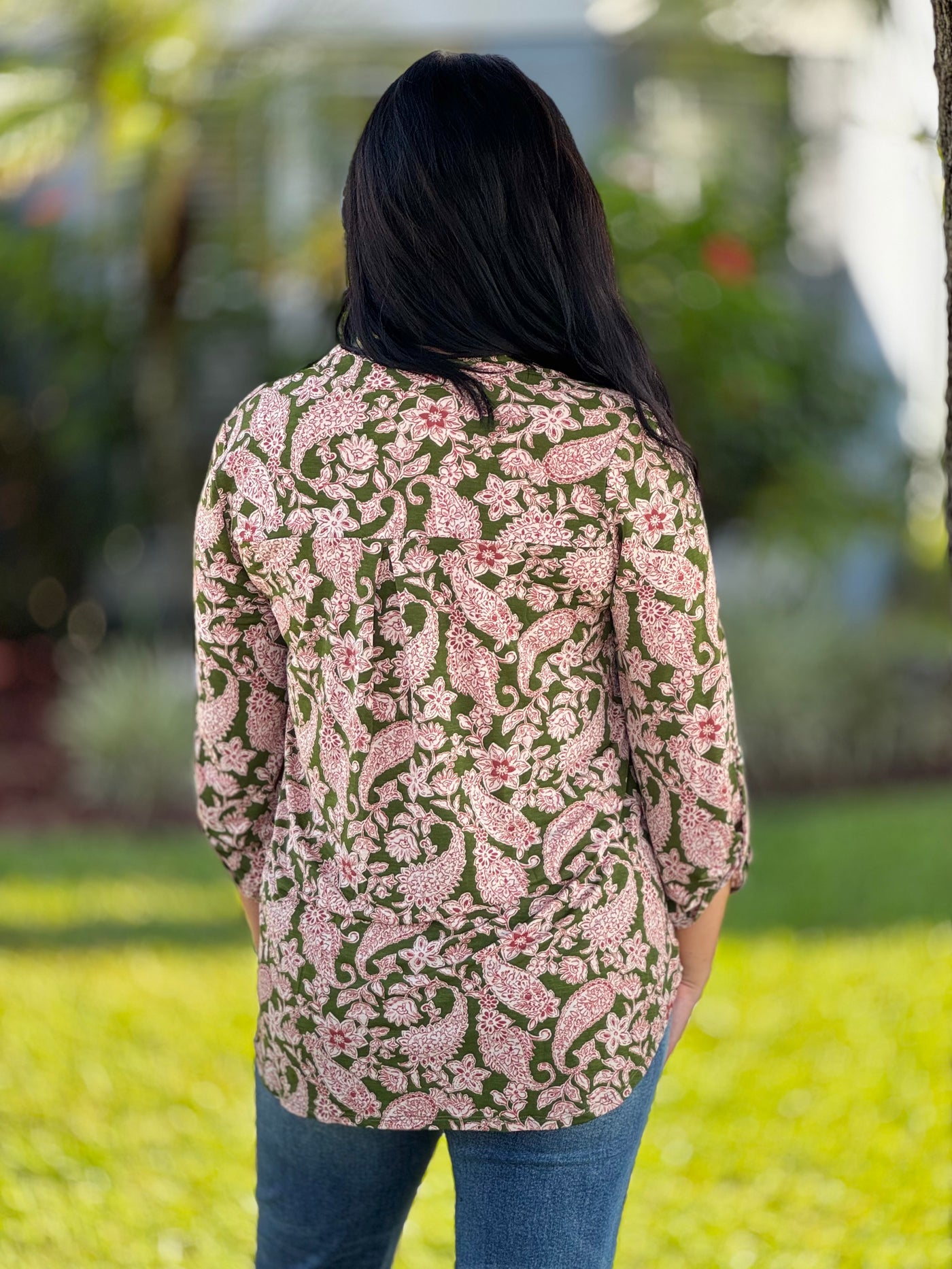 The Lizzy Top In Olive Paisley By Dear Scarlett