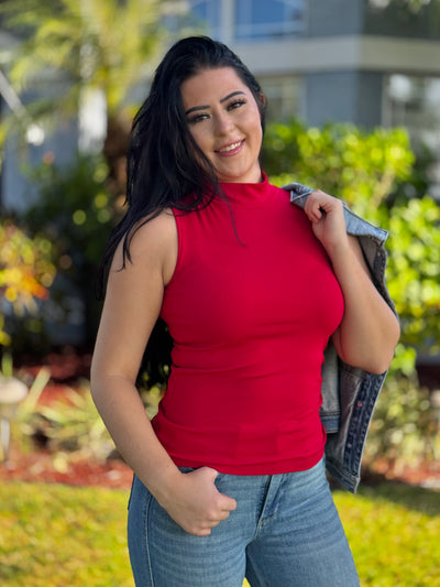 Not Your Basic Babe Sleeveless Mock Neck Top - Red