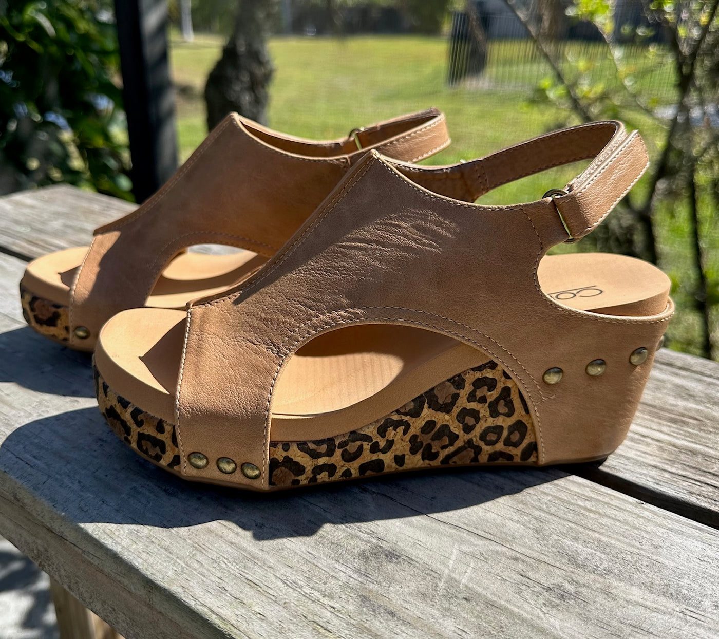 Carley Wedge by Corkys in Taupe Smooth Leopard