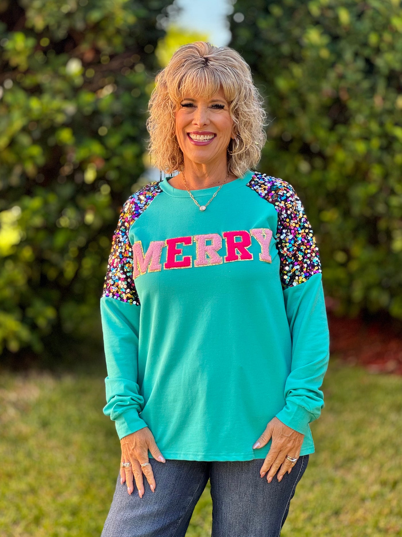 Holiday Sweatshirts By Grace + Emma - Merry Sequin Sleeve