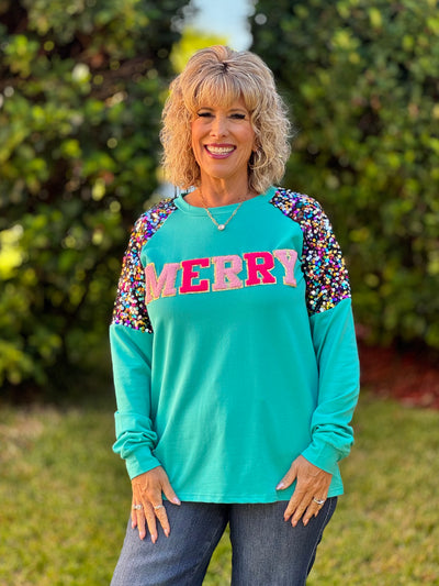 Holiday Sweatshirts By Grace + Emma - Merry Sequin Sleeve
