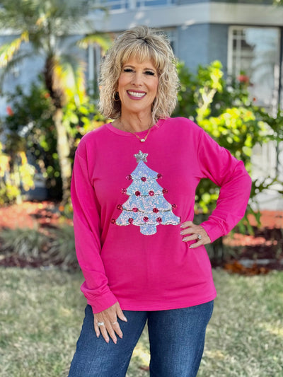 Holiday Sweatshirts By Grace + Emma - Hot Pink Sequin Tree Patch 