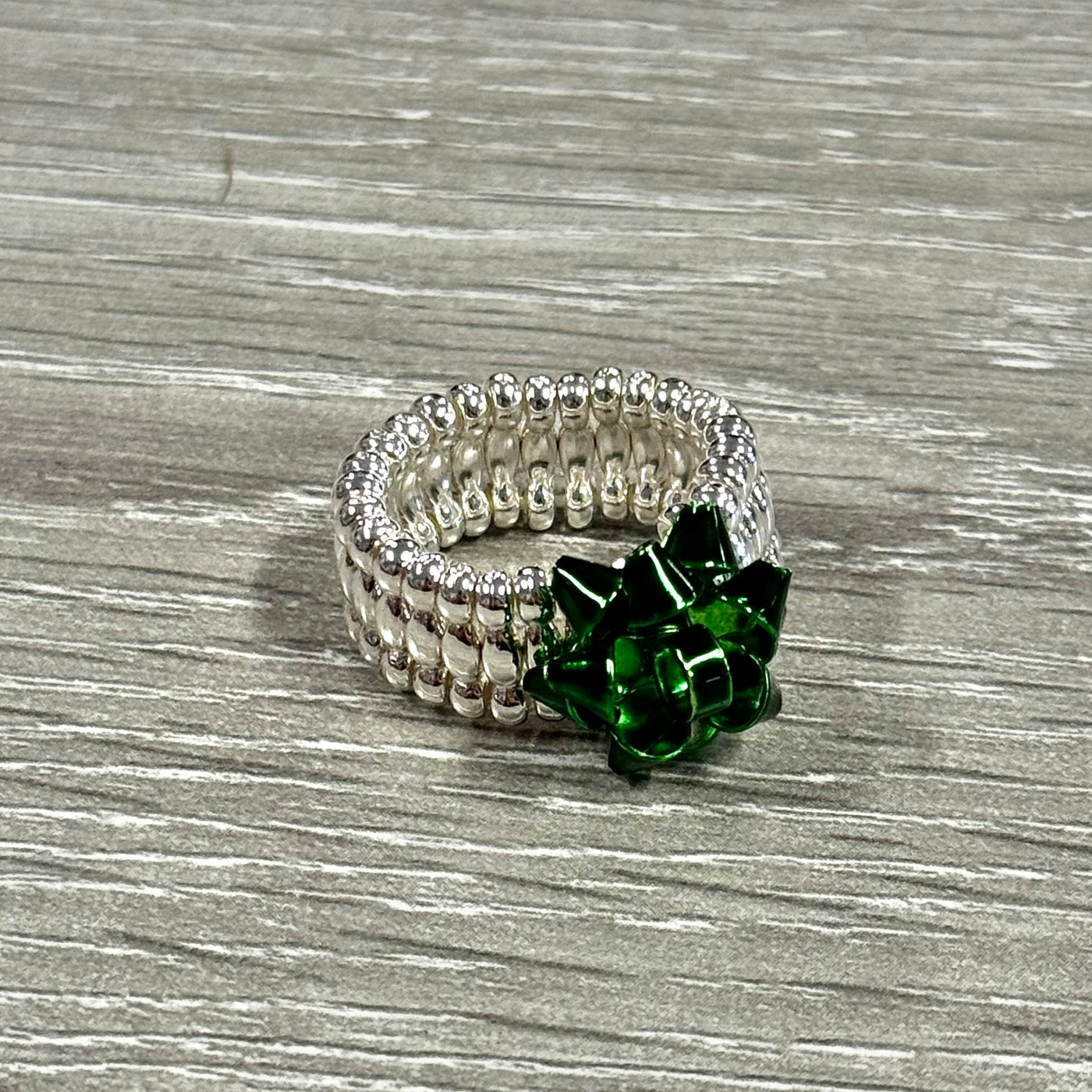 The Coco + Carmen Holiday Ring Collection - Gift Bow Stretch - Green/Silver