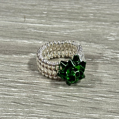 The Coco + Carmen Holiday Ring Collection - Gift Bow Stretch - Green/Silver