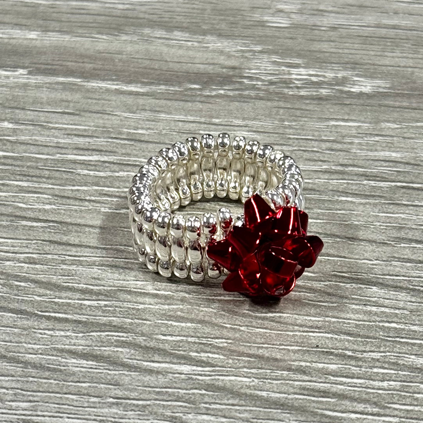 The Coco + Carmen Holiday Ring Collection - Gift Bow Stretch - Red/Silver