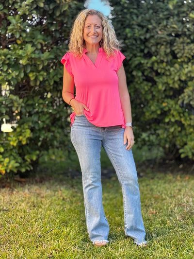 The Nicole V-Neck Top - Neon Pink
