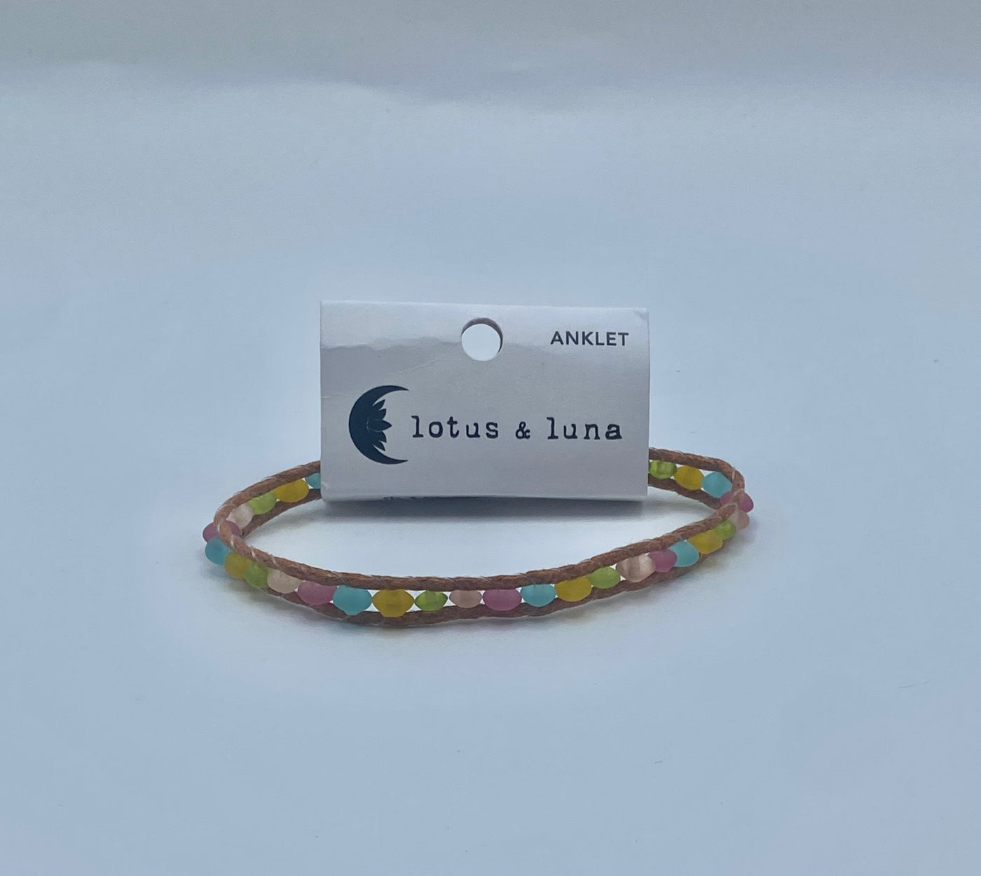 Lotus & Luna - Glass Anklet - Tan Thread / Yellow & Green