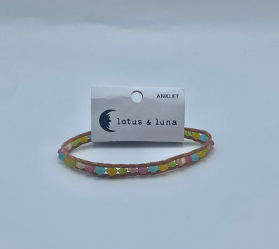 Lotus & Luna - Glass Anklet - Tan Thread / Yellow & Green