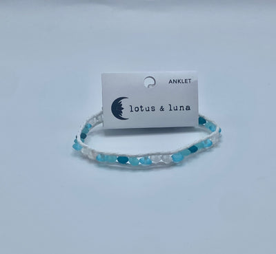 Lotus & Luna - Glass Anklet - White Thread / Blue & White