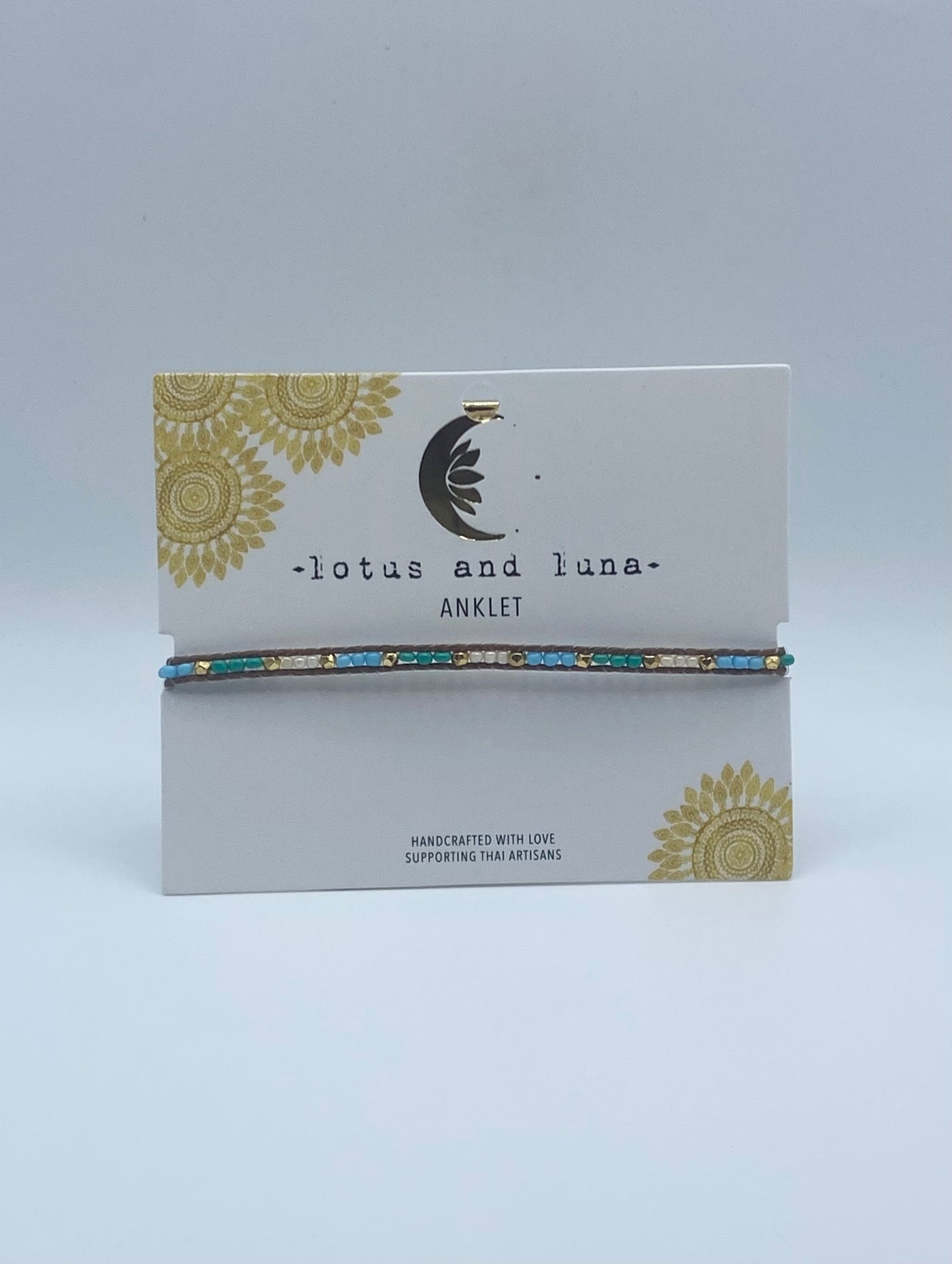 Lotus & Luna -   Seed Bead Anklet - Tan Thread / Turquoise Beads