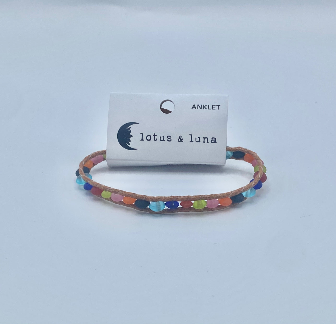 Lotus & Luna - Glass Anklet - Tan Thread / Rainbow