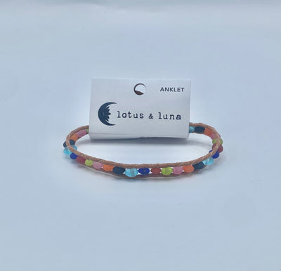 Lotus & Luna - Glass Anklet - Tan Thread / Rainbow