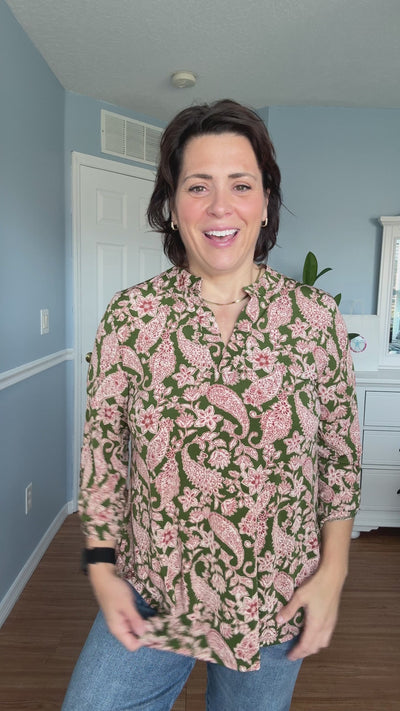 The Lizzy Top In Olive Paisley By Dear Scarlett