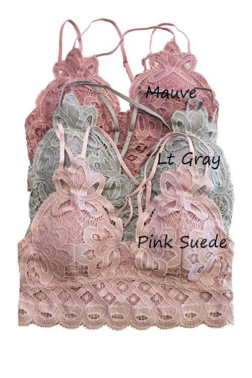 Crochet Lace Bralette In Pink Suede